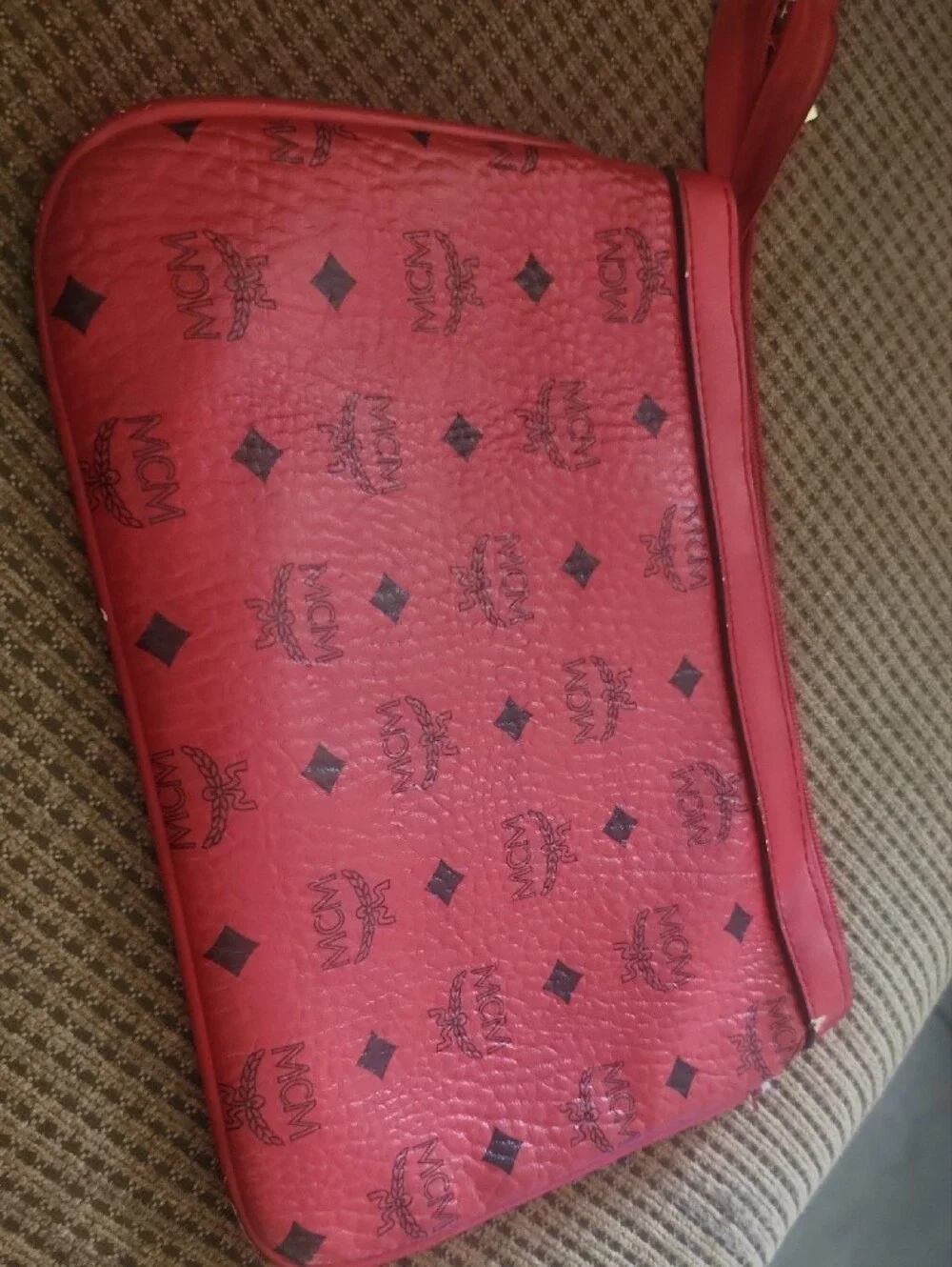 MCM Red Monogram Leather Wristlet Pouch